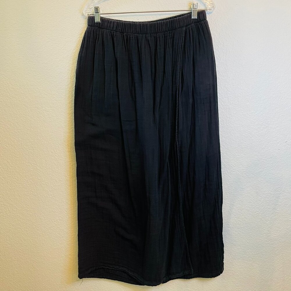 Eastern Serenity Black Gauzy Cotton Wide Leg Faux Wrap Cropped Pants | XL